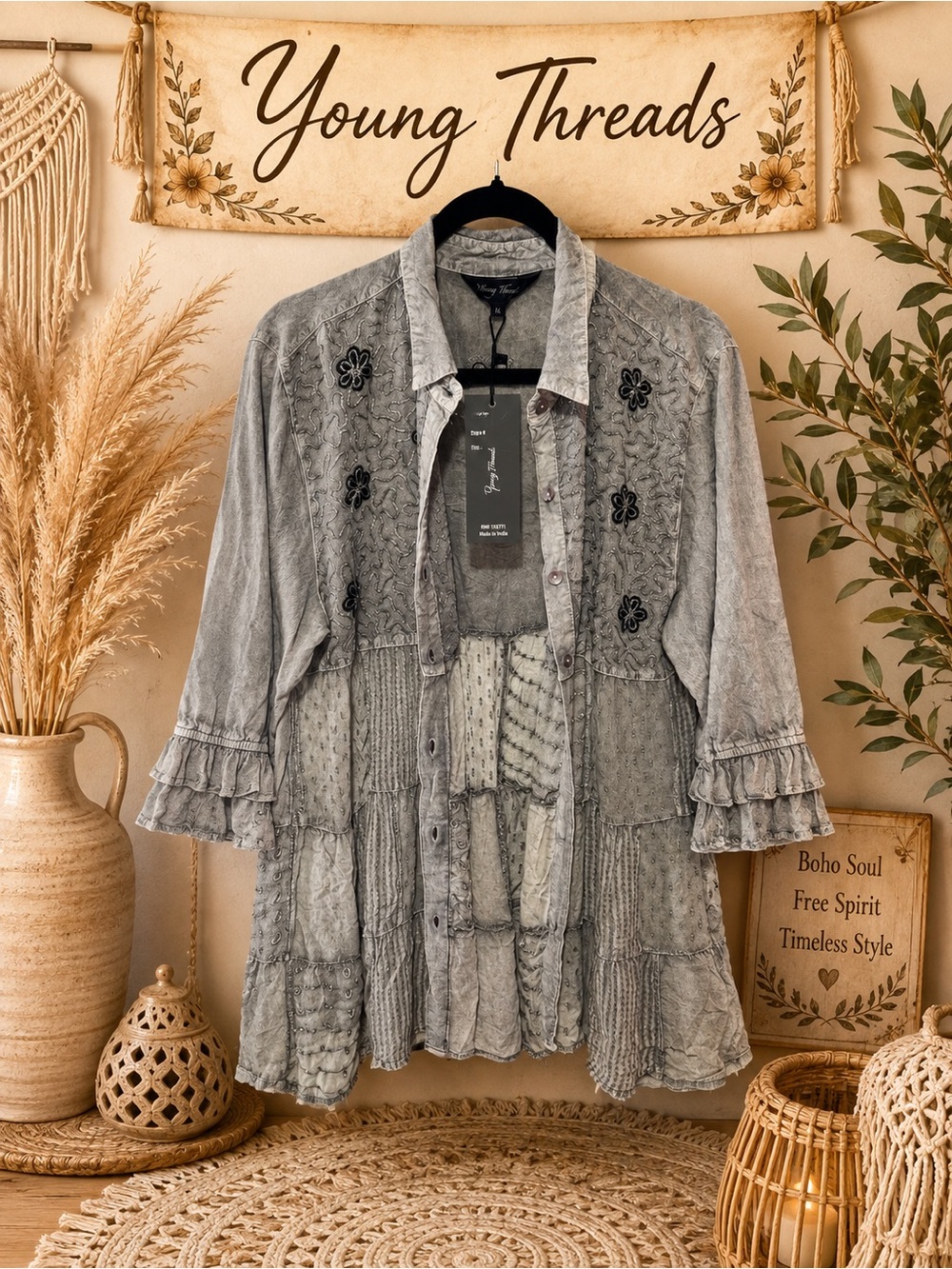 Young Threads Boho Gray Patchwork Button-Down Shirt